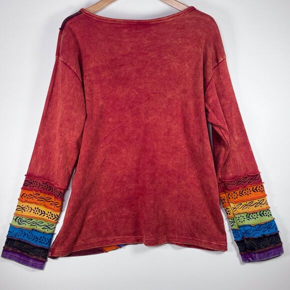 Greater Good Patchwork Boho Top XXL Red Colorful Rainbow Artsy Hippie Raw Edge - Picture 5 of 14